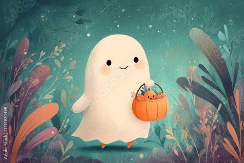 Cute little ghost with a pumpkin basket. Halloween trick-or-treating. Friendly atmosphere. Cartoon illustrations, pastel colors. Soft texture.