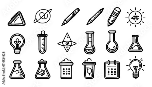 Discover innovative ideas and scientific breakthroughs with this collection of hand-drawn icons featuring lightbulbs, beakers, pencils, and celestial symbols for educational and creative projects