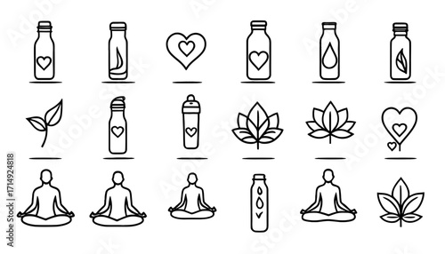 Embrace wellness with serene yoga poses, nourishing bottles, and nature's symbols for a balanced, healthy lifestyle and mindful living