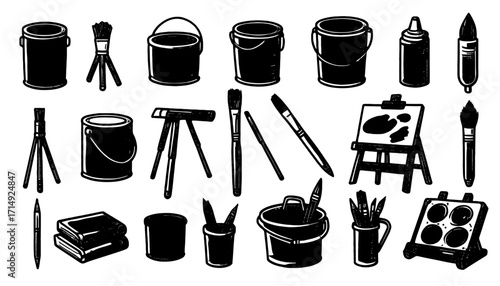 Artistic tools collection featuring paint cans, brushes, easels, and palettes for creative inspiration and design projects