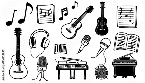 Vibrant collection of musical instruments and accessories including guitars pianos microphones headphones and sheet music perfect for creative projects and artistic endeavors