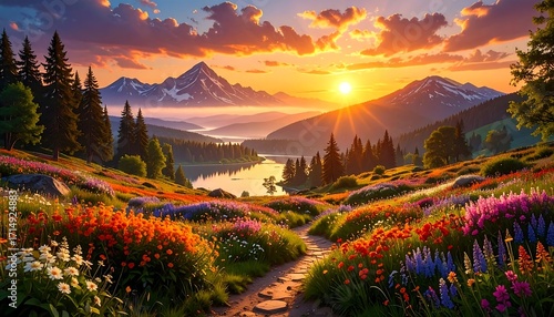 Fototapeta Naklejka Na Ścianę i Meble -  A vibrant sunset illuminates a mountain valley path. Wildflowers bloom in a meadow, and a lake reflects the sky