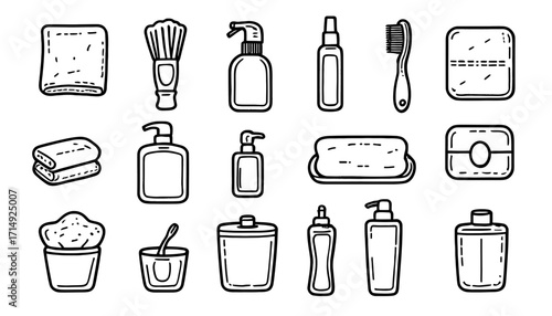 Collection of modern minimalist toiletries and personal care items including soap dispensers, towels, and a toothbrush, perfect for spa, hygiene, or beauty concepts