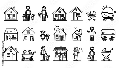 Charming collection of stylized icons depicting happy families, cozy homes, and joyful children, perfect for representing domestic bliss and community spirit in modern designs.
