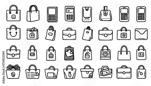 Diverse collection of shopping bags and briefcases, hand-drawn icons perfect for e-commerce, retail, and business concepts, offering versatile visual elements