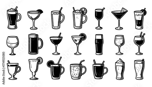 Vibrant collection of diverse drink icons, perfect for menus, recipes, and beverage branding, capturing the essence of refreshment and celebration