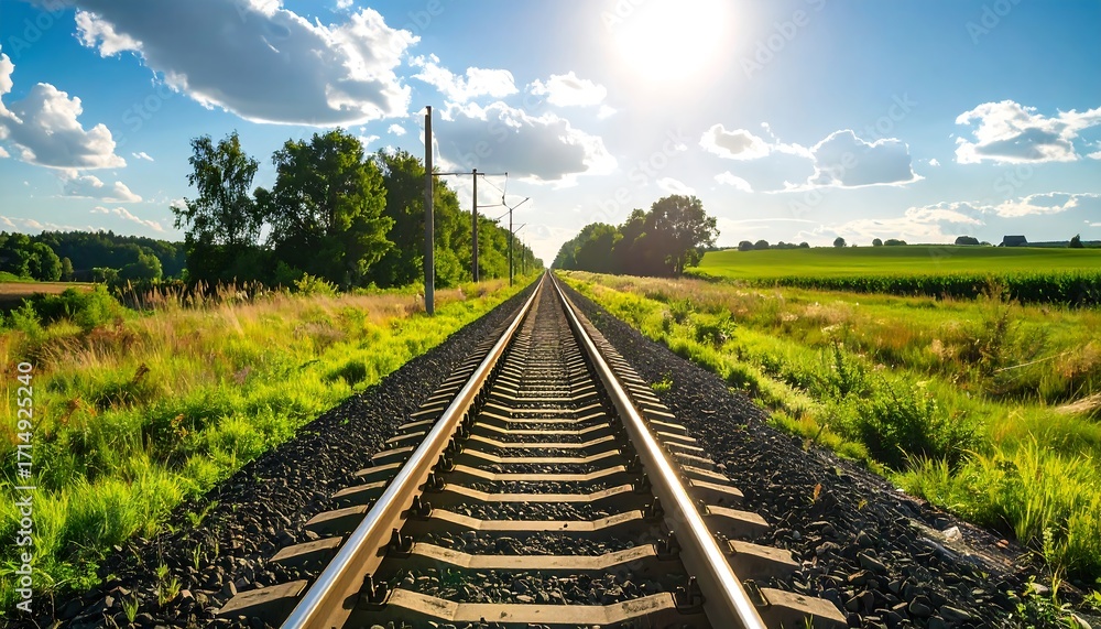 Fototapeta premium Sunny Day Railroad Tracks Through Lush Green Fields