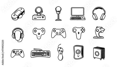 Dynamic collection of gaming peripherals including controllers, keyboards, headphones, microphones, and speakers for ultimate entertainment setups
