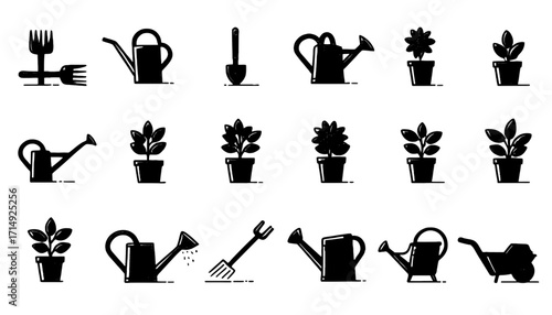 Vibrant garden icons showcasing watering cans, potted plants, forks, shovels, and wheelbarrows for planting and care projects