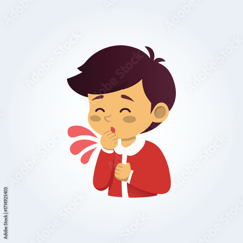 A character illustration of a boy coughing with a red shirt