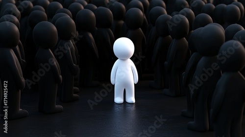 A white human figure standing out among a dark blue crowd of identical black figures, symbolizing individuality, uniqueness, leadership, and self-expression