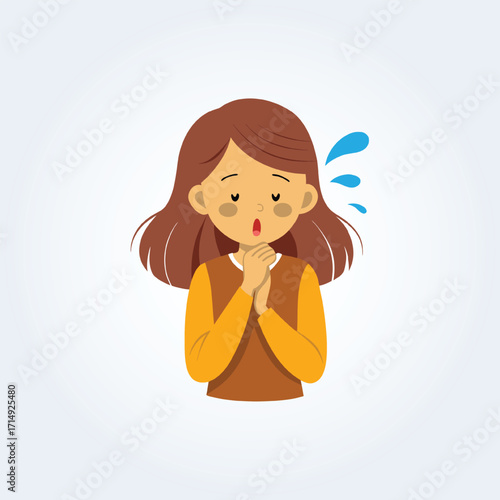 A character illustration of a girl coughing with a yellow shirt