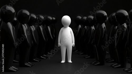 A white human figure illuminated in a crowd of dark silhouettes, glowing brightly to symbolize uniqueness, creativity, confidence, individuality, and leadership