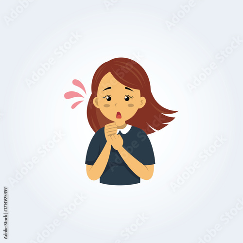 A character illustration of a girl coughing with brown hair
