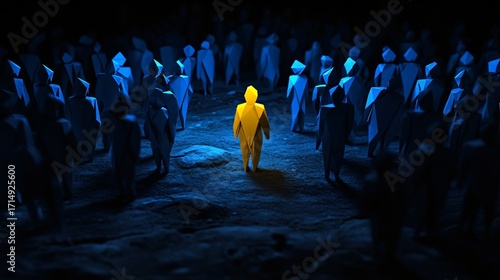 Concept Art of a Glowing Yellow Human Figure Standing Out Among a Dark Blue Crowd, Symbol of Individuality, Leadership, Confidence, and Unique Personality