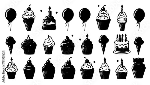 Celebrate with delightful birthday treats including festive cupcakes, celebratory cakes, and cheerful balloons perfect for party invitations and festive designs
