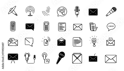Dynamic communication icon set featuring microphones, envelopes, telephones, and signal waves for modern business and digital connection concepts