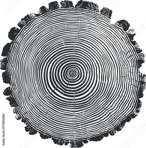 Illustration of a tree stump showing annual growth rings in a black and white style.