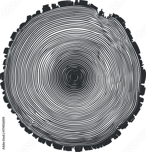 A detailed illustration of a tree stump showing growth rings in black and white.