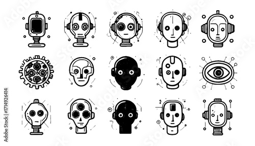 Diverse collection of futuristic robot heads and artificial intelligence icons showcasing innovation, technology, and automation for modern design projects