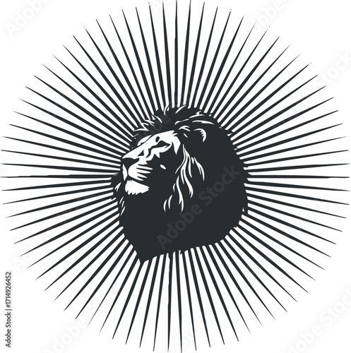 Stylized lion head illustration with sunburst rays in black and white design.