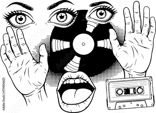 Retro Music and Pop Art Elements – Vinyl, Cassette, Microphone, Face Expressions, Chain