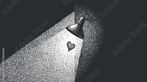 A minimalist illustration depicting a lamp casting light on a heart in a shadowy space.