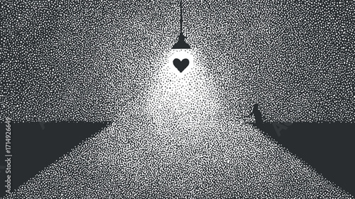 A silhouette under a heart-shaped lamp creates an emotional scene of love and connection.