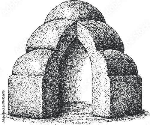 A detailed illustration of a dome-shaped architectural structure with an arched entrance.