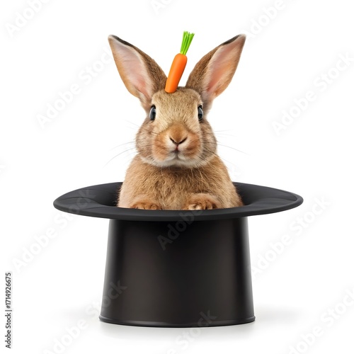 Cute bunny rabbit emerging from a black magician s top hat with a carrot on its head