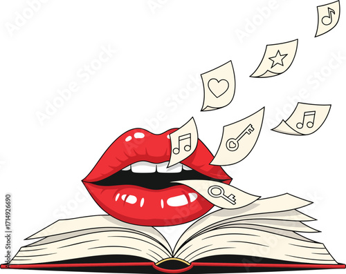Unlock your imagination with stories that sing and ignite passion, as vibrant lips speak wisdom from an open book