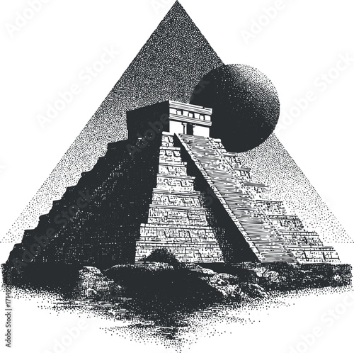 A stylized illustration of a Mayan pyramid set against a geometric background with a celestial body.