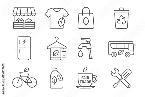 Collection of 12 linear sustainability icons: reusable bags, eco detergents, bicycles, efficient appliances, and repair toolkits for reuse.