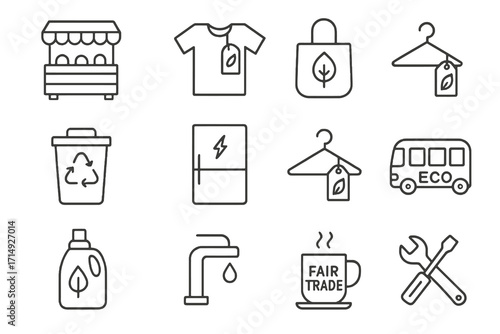 Set of 12 thin line icons for conscious consumption, including local markets, eco clothes, recycling, water saving, and fair trade products.
