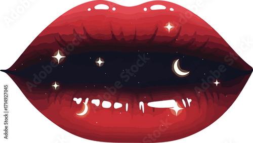 Captivating red lips reveal a mesmerizing starry night sky with crescent moon, inspiring cosmic dreams and romantic desires for beauty campaigns.