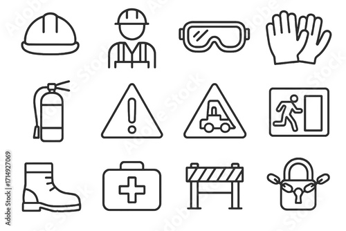 Set of 12 thin line icons for warehouse safety, including PPE, fire extinguisher, warning signs, barricades, first aid, and emergency equipment.