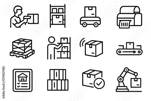 Collection of 12 linear warehouse icons: AGVs, barcode printers, shelves, tablets, checkmarked packages, shrink wrap pallets, and automation equipment.