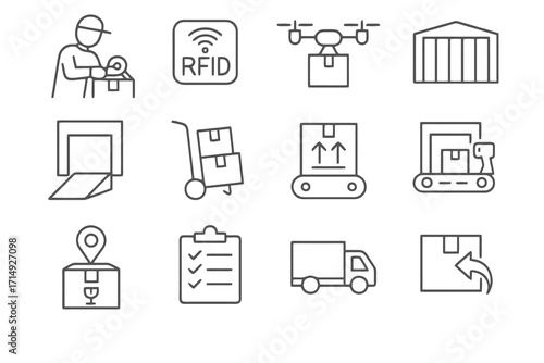 Set of 12 thin line icons for warehouse logistics, including packaging, drones, RFID tags, containers, docks, fragile labels, and reverse logistics.