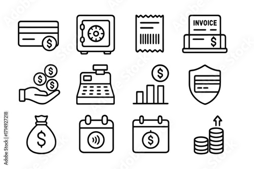 Collection of 12 linear financial icons: cash register, chart, invoice, secure card, money bag, payment terminal, and coin stacks. Perfect for fintech apps.