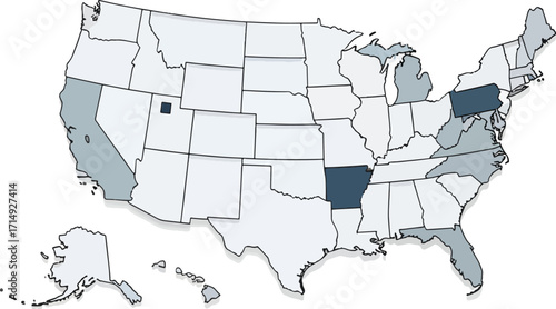 Dynamic U.S. map highlights key states with shaded regions for data representation, perfect for business analytics and demographic insights.