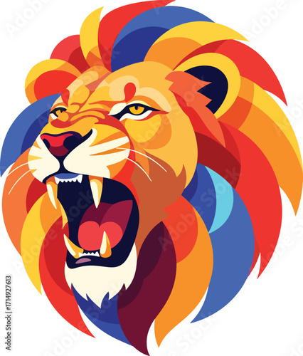 Roaring lion head with vibrant, colorful mane symbolizing power, courage, and leadership for dynamic brand identity