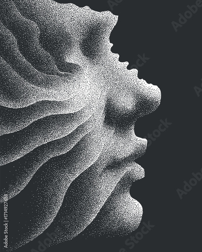 An abstract illustration of a human face in profile with flowing lines and textures.