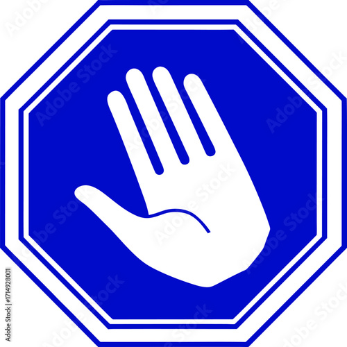 Blue Octagon Stop Sign with White Hand Symbol Keywords: stop, hand, sign, symbol, octagon, blue, white, warning, prohibition, gesture, halt, no entry, forbidden, caution, danger, alert, security