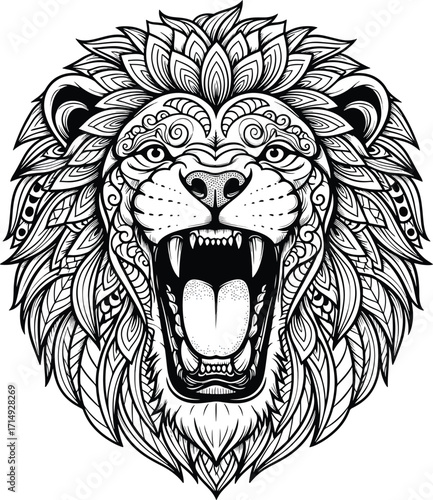 Roaring lion head with intricate tribal patterns, symbolizing power, courage, and fierce determination for bold designs
