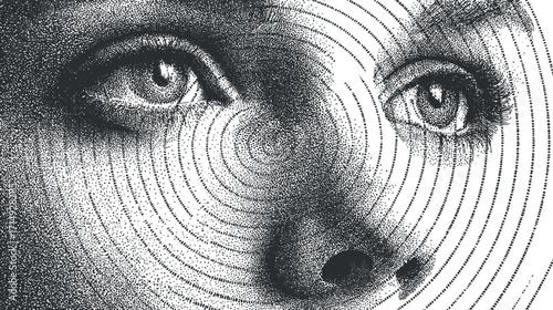 Abstract illustration featuring close-up of eyes and face with swirling lines creating a hypnotic effect.