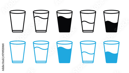Water glass icon vector set in blue and back flat outline. Drink glass line pictogram. Water glass vector icon set. tall full, half and empty milk or water glass sign.