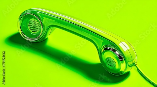Vibrant green retro telephone receiver casts dramatic shadow on electric lime background