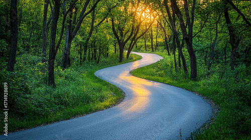 Winding road through a lush green forest at sunset creates a ser