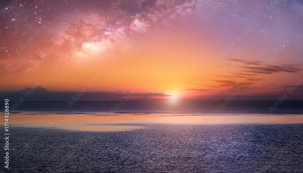 Fototapeta premium Tranquil Sunset Over Ocean With Subtle Starry Sky And Reflections