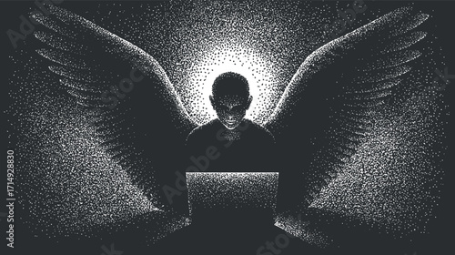 A dark abstract representation of a figure with wings working on a computer.